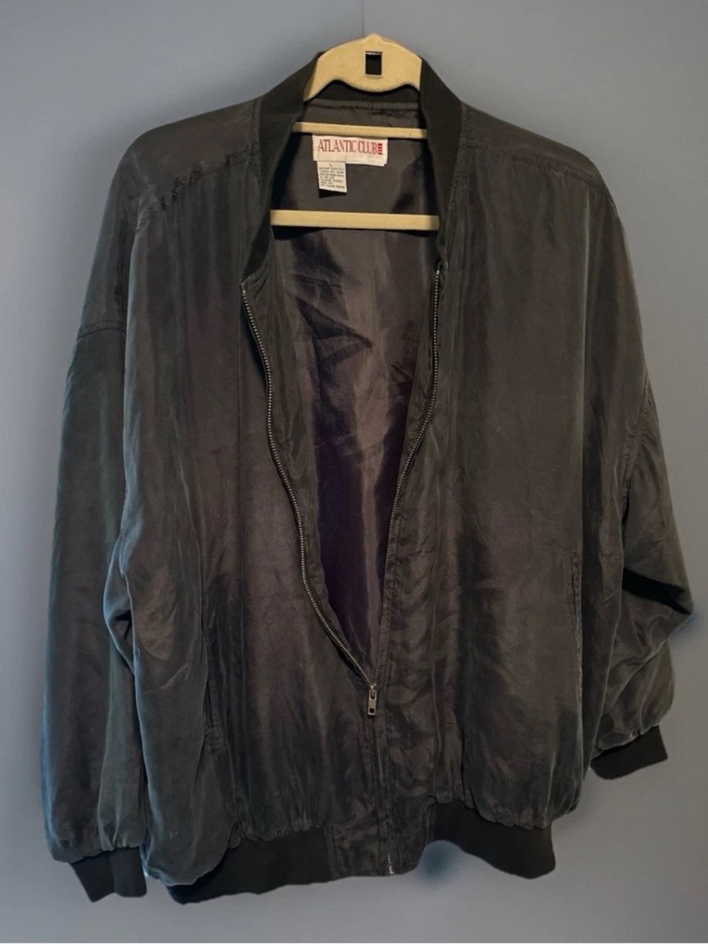 Vtg Black Y2K Grunge 100% Silk Bomber Jacket Men's L Lightweight Streetwear